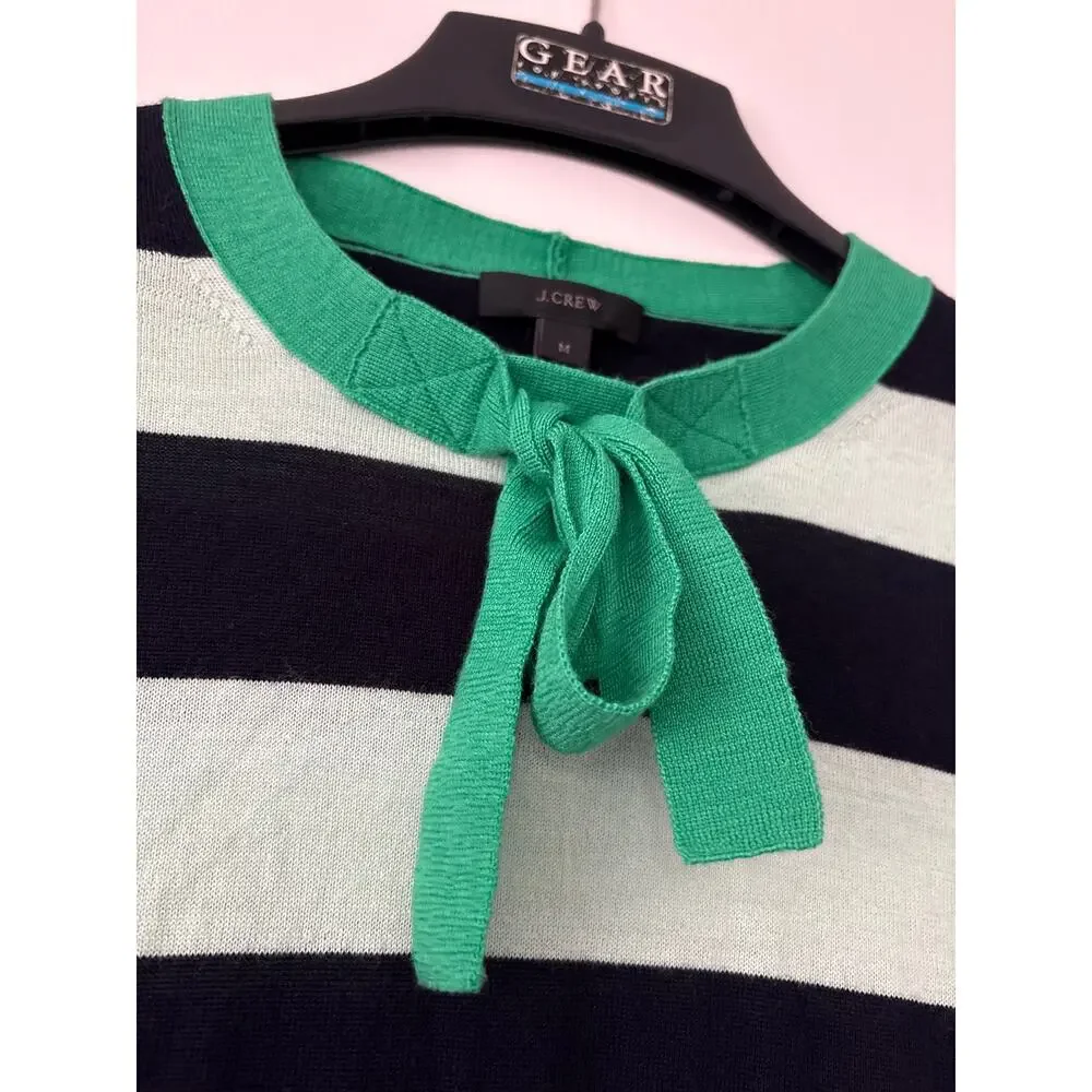 J Crew Tippi Tie Neck Merino Wool Striped Cozy Sweater Size M Casual Preppy Top